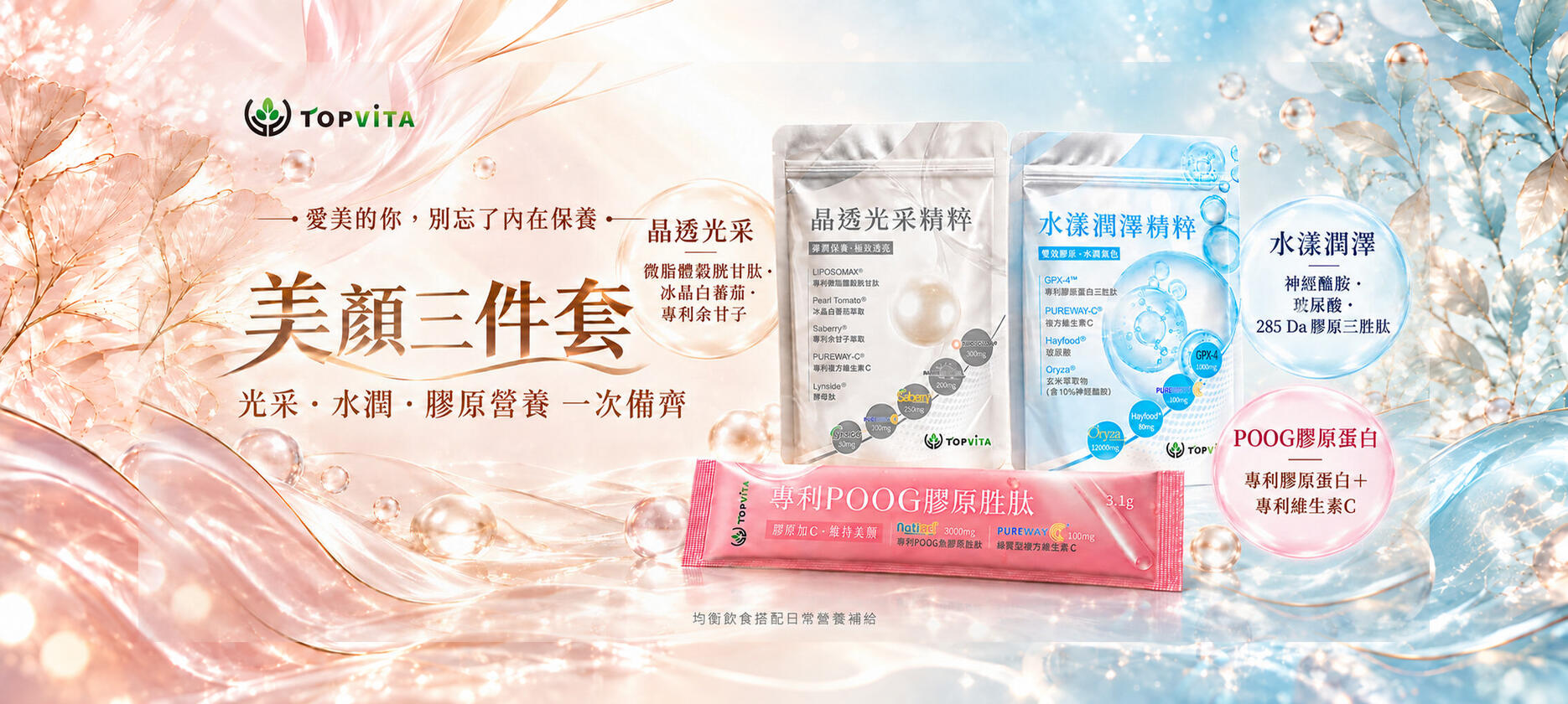 TOPVITA美顏三件套，搭配晶透光采精粹、水漾潤澤精粹與POOG膠原蛋白，精選微脂體穀胱甘肽、冰晶白蕃茄、專利余甘子、神經醯胺、玻尿酸、285Da膠原三胜肽及專利維生素C，提供日常美容營養補給。
