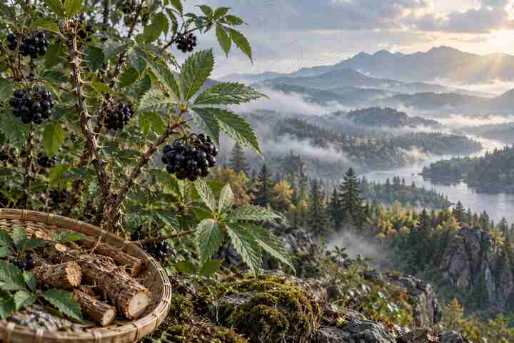 山林環境中的刺五加植物與根部原料