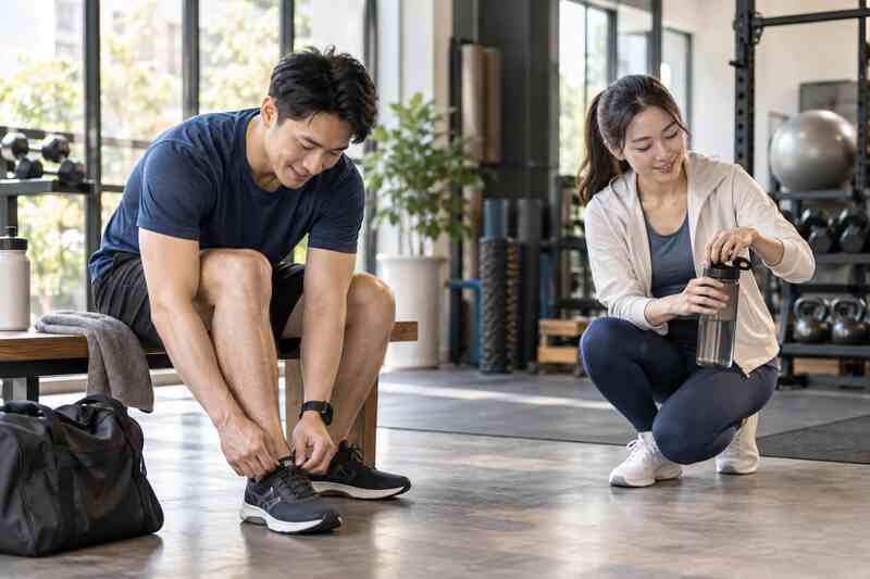 男女運動族準備鞋子與水瓶的日常情境