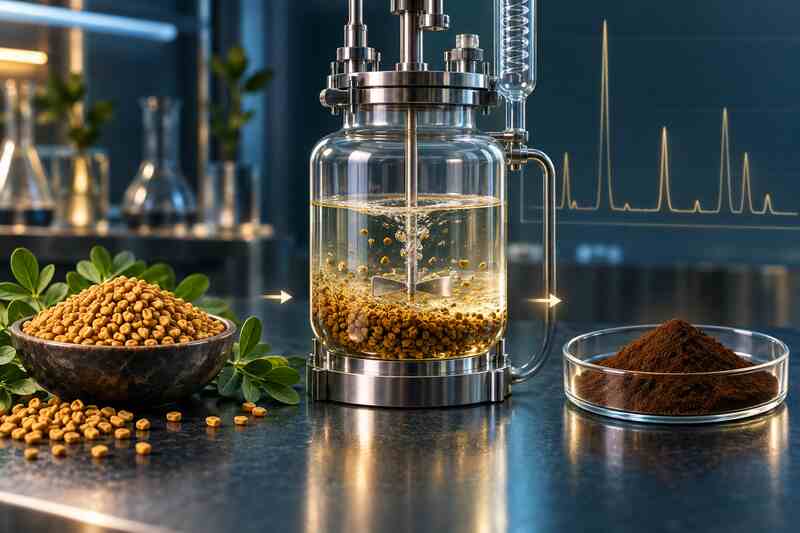 葫蘆巴種子經酒精與水萃取並以HPLC規格化的製程概念