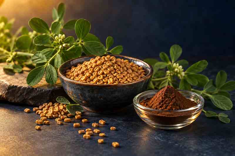 葫蘆巴植物、種子與深棕色標準化萃取粉末