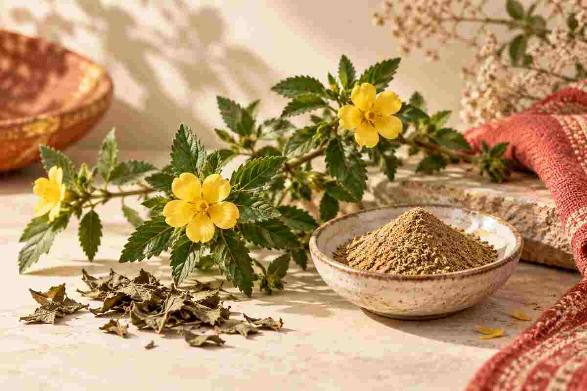 透納葉植物、黃色花朵與萃取粉末