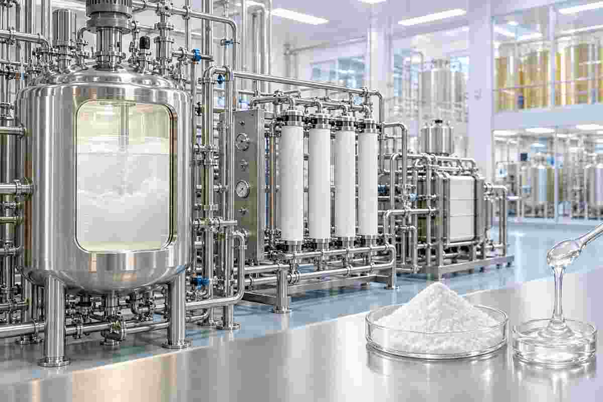 透明質酸鈉發酵、過濾純化與粉末製程概念圖