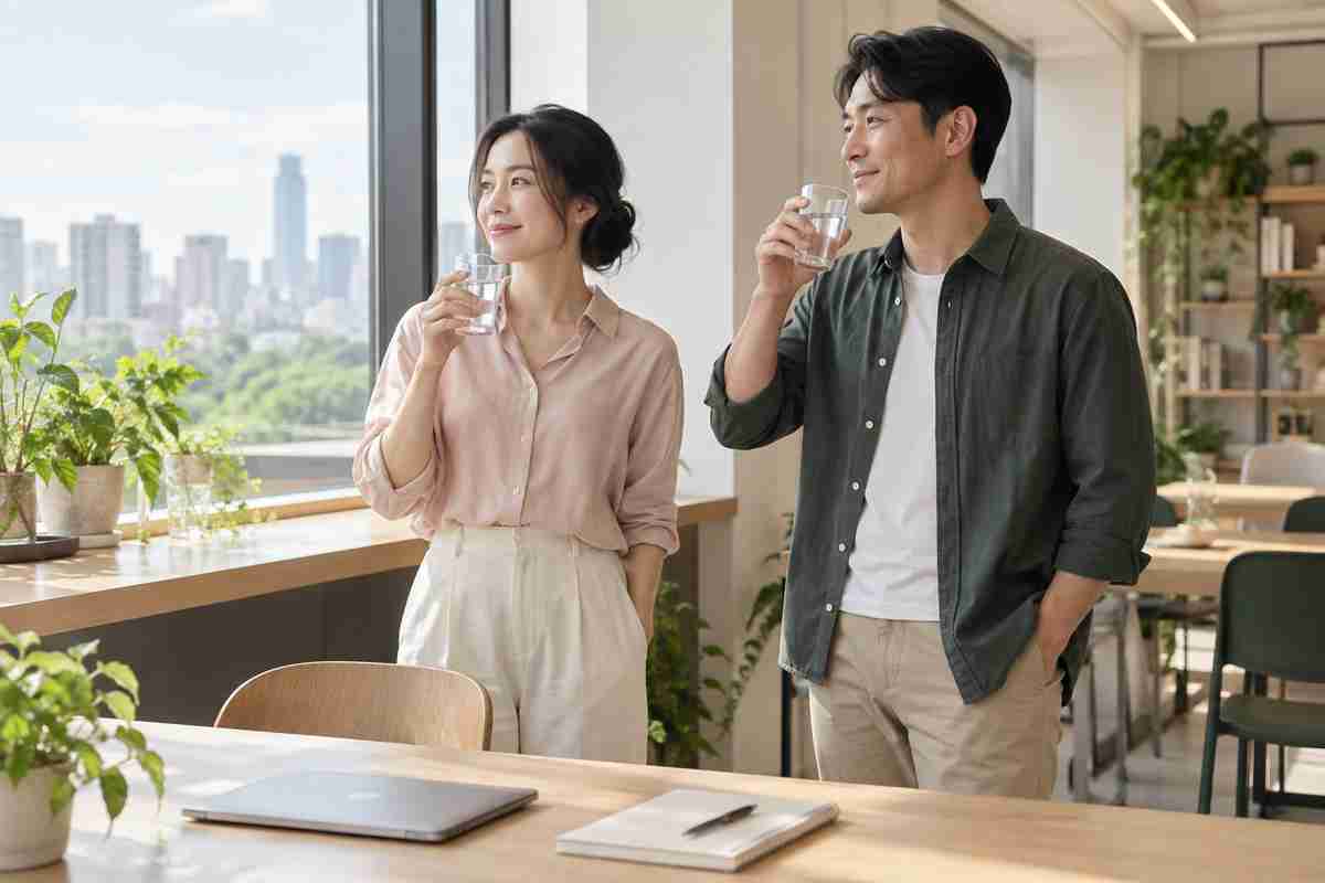 忙碌成年男女工作空間休息與飲水生活情境