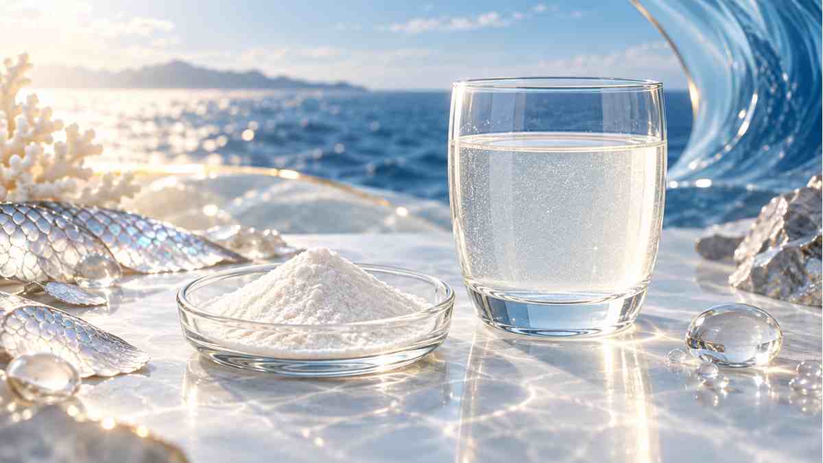 Naticol魚膠原蛋白肽粉末與清澈飲品