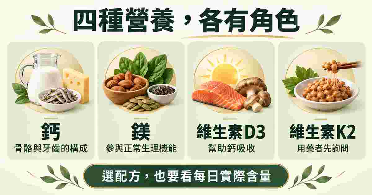 鈣鎂D3 K2四種營養角色比較